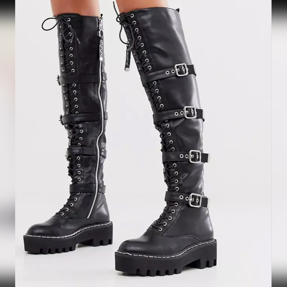 Lamoda Black Extreme Lace-Up Buckle Over-the-Knee Boots Women’s | High Boots 10